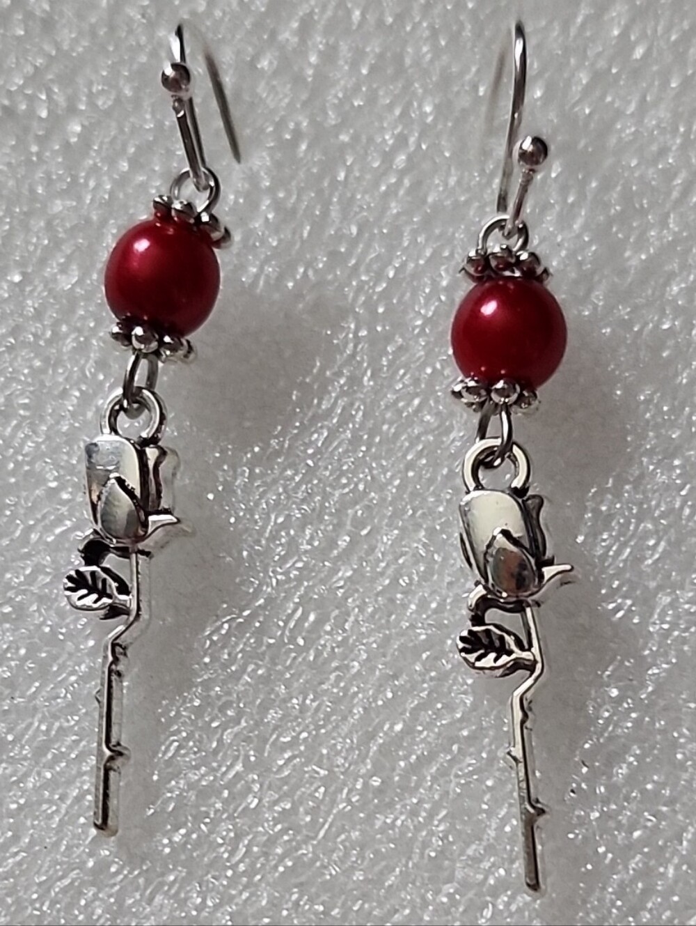 Hand Crafted Red Bead Silver Rose Dangle Earrings
